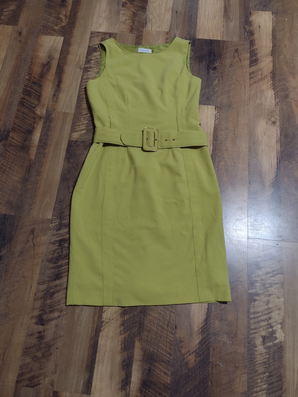 Calvin Klein Chartreuse Green Belted Sheath Dress Sleeveless Size 4 Mod Retro